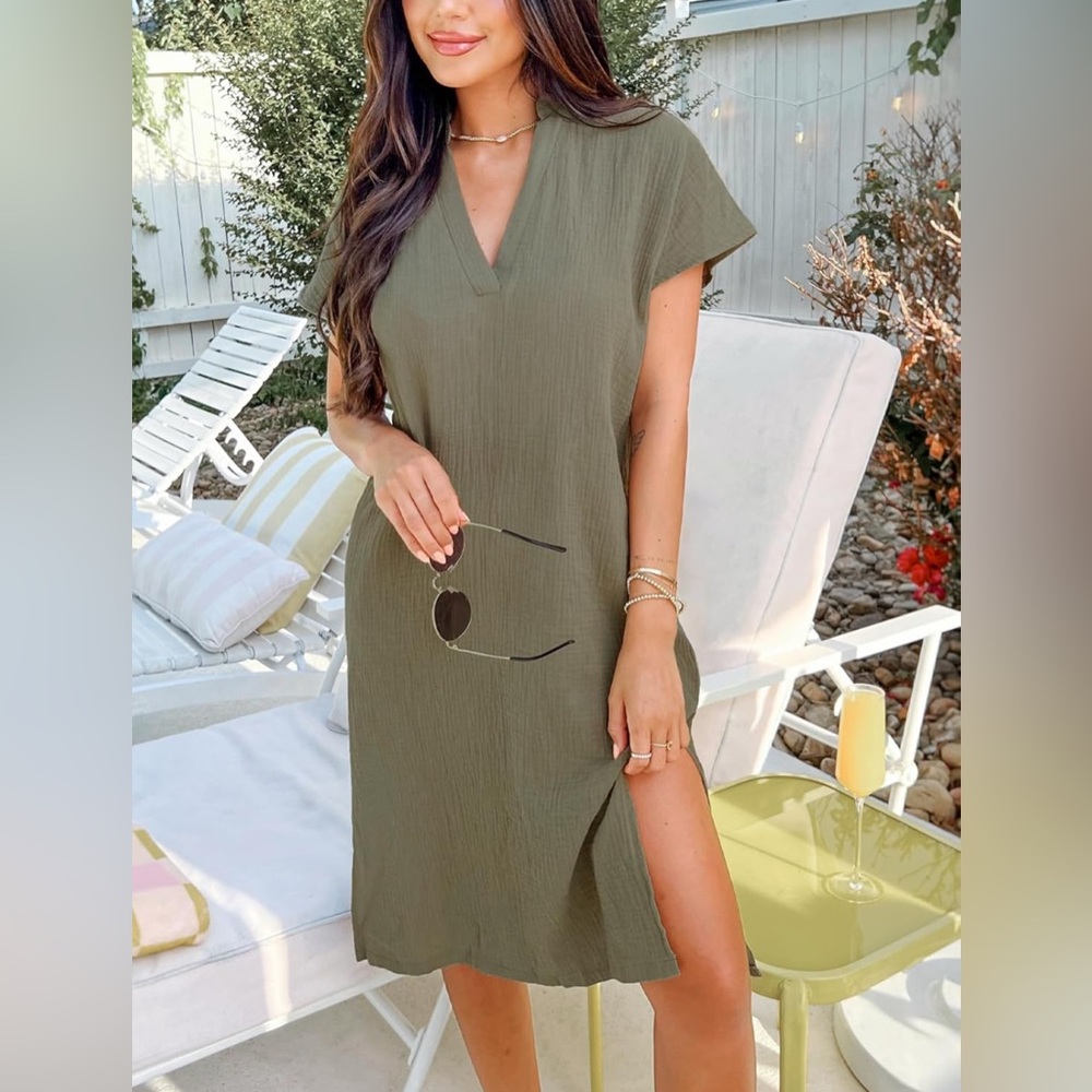Cupshe Olive Green V-Neck Short Sleeve Midi Dress - Picture 4 of 7